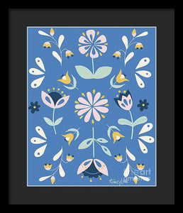 Folk Flower Pattern in Blue - Framed Print