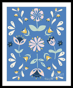 Folk Flower Pattern in Blue - Framed Print