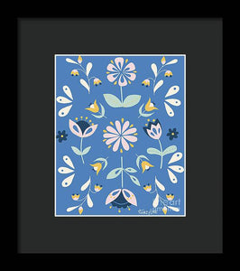 Folk Flower Pattern in Blue - Framed Print