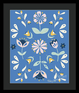 Folk Flower Pattern in Blue - Framed Print