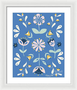 Folk Flower Pattern in Blue - Framed Print