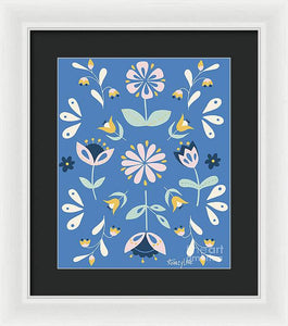 Folk Flower Pattern in Blue - Framed Print