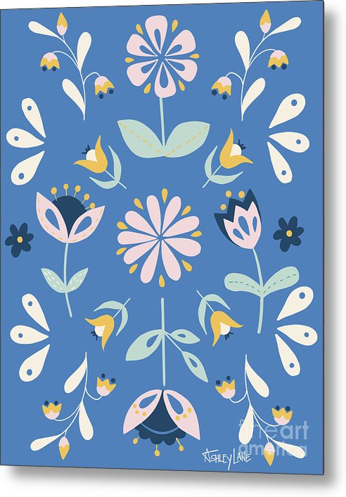Folk Flower Pattern in Blue - Metal Print