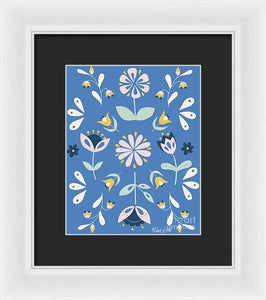 Folk Flower Pattern in Blue - Framed Print