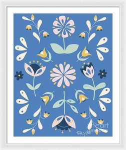 Folk Flower Pattern in Blue - Framed Print