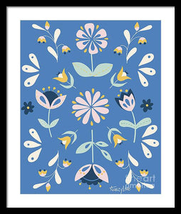 Folk Flower Pattern in Blue - Framed Print