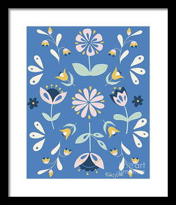 Folk Flower Pattern in Blue - Framed Print