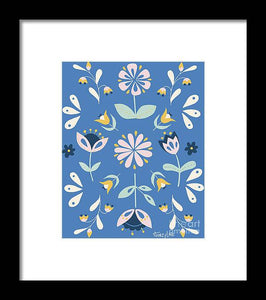 Folk Flower Pattern in Blue - Framed Print