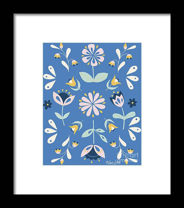 Folk Flower Pattern in Blue - Framed Print