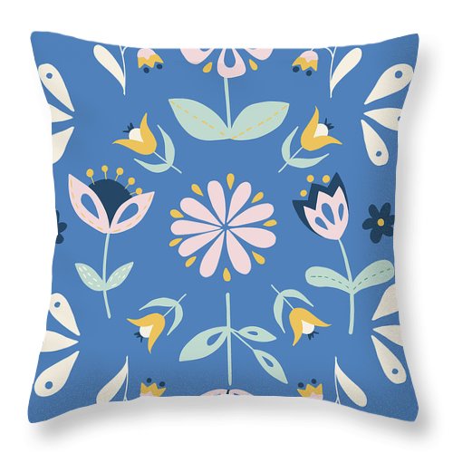 Folk Flower Pattern in Blue - Throw Pillow