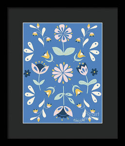 Folk Flower Pattern in Blue - Framed Print