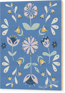 Folk Flower Pattern in Blue - Wood Print