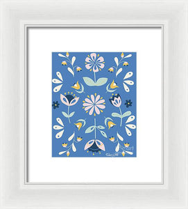 Folk Flower Pattern in Blue - Framed Print