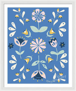Folk Flower Pattern in Blue - Framed Print
