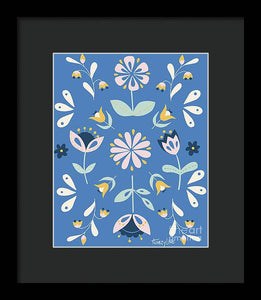 Folk Flower Pattern in Blue - Framed Print