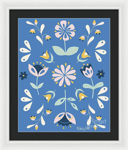 Folk Flower Pattern in Blue - Framed Print