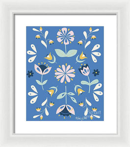 Folk Flower Pattern in Blue - Framed Print