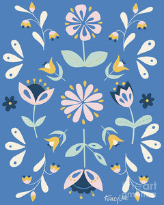 Folk Flower Pattern in Blue - Art Print