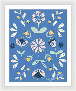 Folk Flower Pattern in Blue - Framed Print