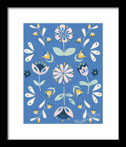 Folk Flower Pattern in Blue - Framed Print