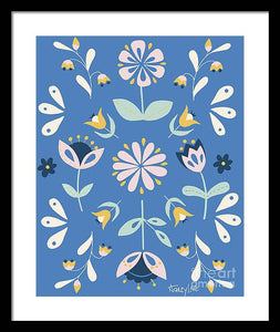 Folk Flower Pattern in Blue - Framed Print