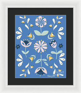 Folk Flower Pattern in Blue - Framed Print