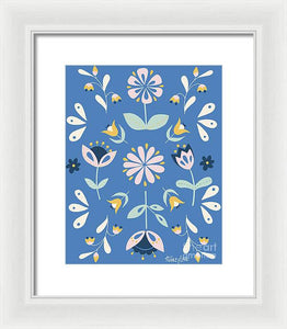 Folk Flower Pattern in Blue - Framed Print