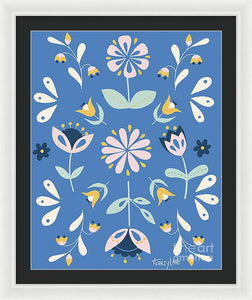 Folk Flower Pattern in Blue - Framed Print