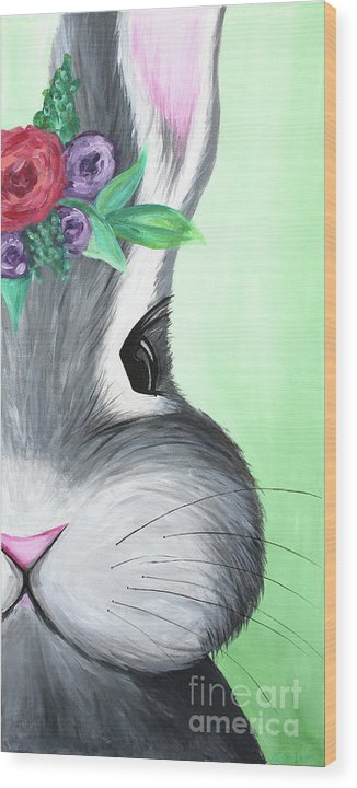 Grey Easter Bunny with Flowers - Wood Print