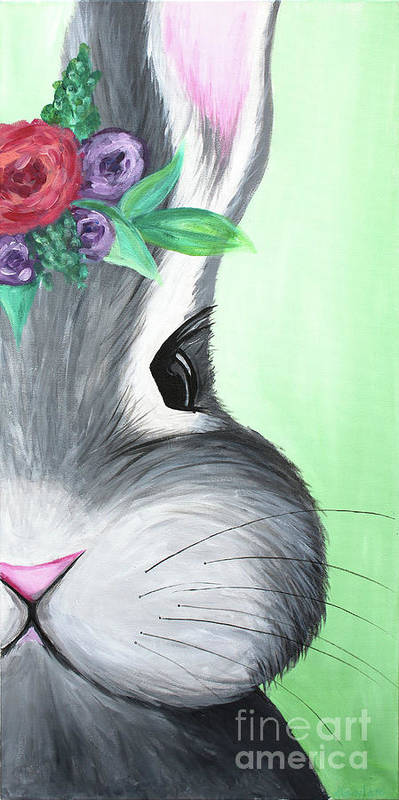 Grey Easter Bunny with Flowers - Art Print