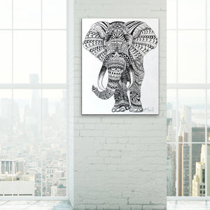 original Tribal Elephant Mandala ink painting on canvas