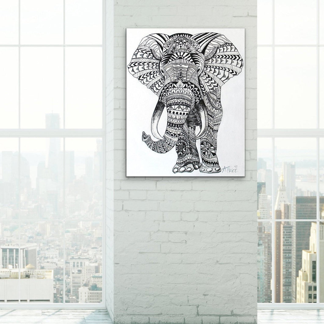 original Tribal Elephant Mandala ink painting on canvas