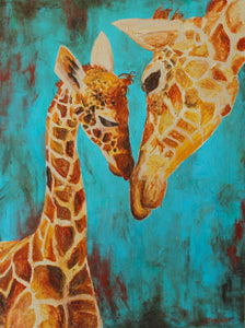 Giclee fine art print of "Young Love" original painting of mom and baby giraffe