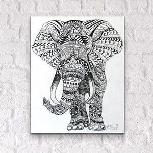 original Tribal Elephant Mandala ink painting on canvas