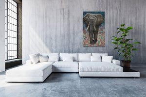 Giclee Print of original "Emory" Elephant Oil painting and collage on canvas by Ashley Lane