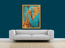 Load image into Gallery viewer, Giclee fine art print of &quot;Young Love&quot; original painting of mom and baby giraffe
