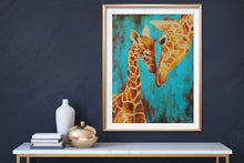 Load image into Gallery viewer, Giclee fine art print of &quot;Young Love&quot; original painting of mom and baby giraffe
