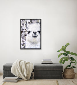 giclee fine art print of original oil painting and collage "Mr. Llama"
