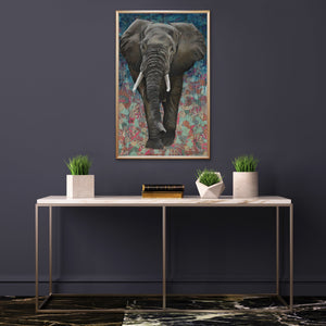 Giclee Print of original "Emory" Elephant Oil painting and collage on canvas by Ashley Lane