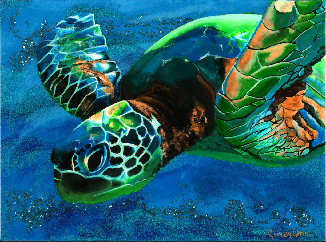 original Sea Turtle sparkly resin pour painting on birch wood named 