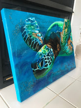 Load image into Gallery viewer, original Sea Turtle sparkly resin pour painting on birch wood named &quot;Searching for Light&quot; by Ashley Lane
