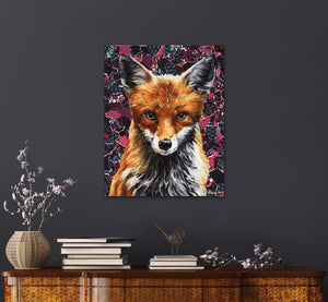 Original Fox oil painting and collage on canvas named "Mrs. Fox" by Ashley Lane