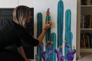 On Perch Original Cactus  painting with quail and prickly pear by Ashley Lane